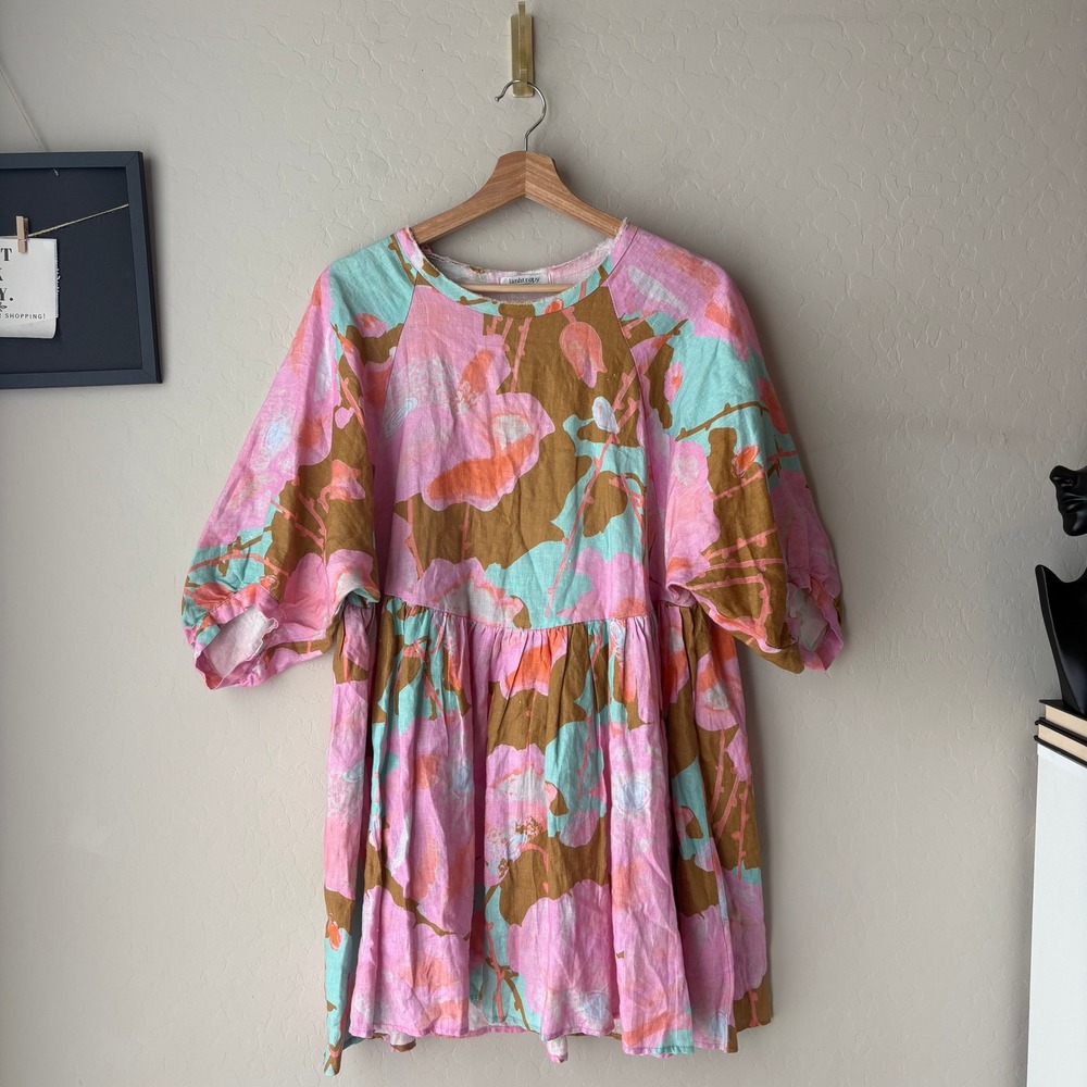 Lanhtropy Dress Linen Pink Floral Mini Dress One Size - Picture 2 of 8